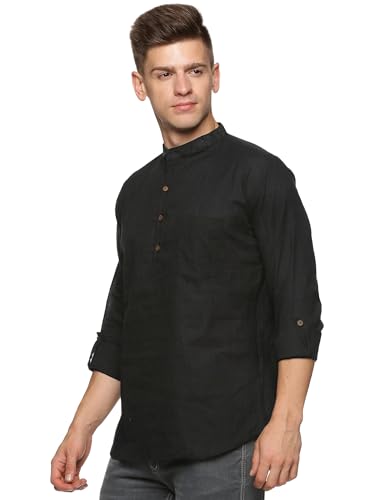 Men's Cotton Handloom Kurta Short Solid Khadi Kurta Mandarin Collar Full Sleeves Side Split Indian Tunic Ethnic Wear for Wedding Party - Medium (Black)4