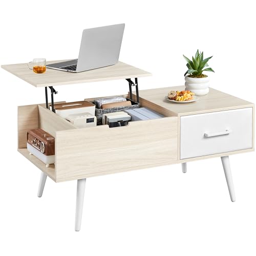 Yaheetech Mesa de Centro Elevable 100x50x45-59cm con Almacenamiento Lateral y Oculto,Equipada de 1 Cajón y Patas de Madera para Salón y Cocina