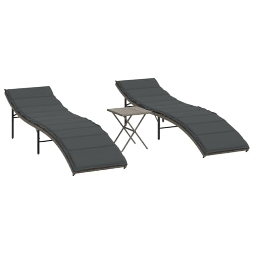 Chaises longues en polyrotin gris avec table basse et coussins pour jardin - 4