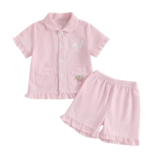 Multitrust Kids Baby Girl Easter Day Pajamas Set Plaid Bunny Carrot Button Down Shirts Ruffled Shorts Girls 2PCS Pj Set