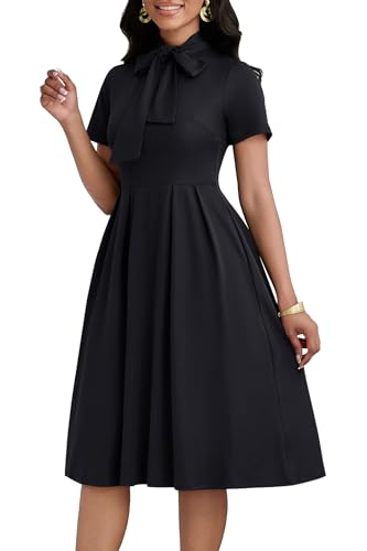 FANDEE Women's Elegant Casual Short Sleeve A-line Semi Formal Fit and Flare Dress Classy Tie Neck Work Party Dress