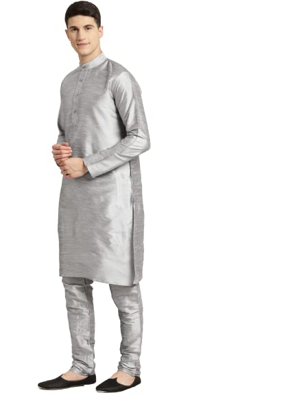 Image of SOJANYA (Since 1958, Men's Silk Blend Grey Kurta Pyjama & Silk Blend Jacket Combo