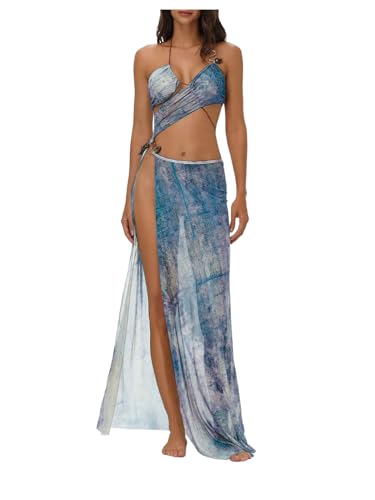 MakeMeChic Women's Halter Mesh Sheer Ruched Asymmetrical Swimsuit Coverup Beach Dress