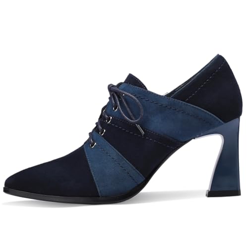 TDD Short Ankle Boots for Women Pointed Toe Chunky Heel Booties Lace Up Dressy Ankle Boots Vintage Blue Booties Faux Suede Dress Shoes2