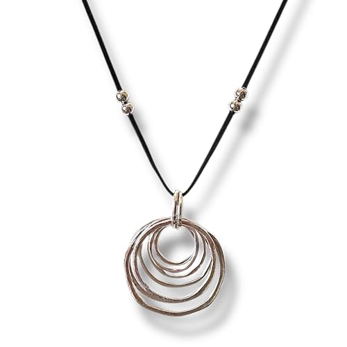BALOOLA Long women necklace for women, Multi ring silver metal pendant ECO leather necklace. Bohemian necklace for women, boho jewelry for women, Bead necklace HANDMADE.