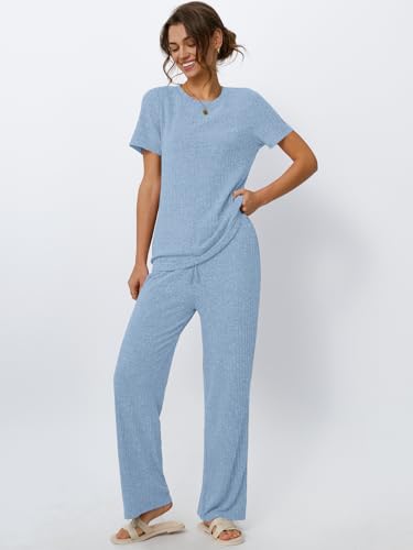 Image of LILLUSORY Womens Lounge Sets 2 Piece Matching Travel Outfits | Lightweight Ribbed 2 Piece Set, Breathable, Stretchy, Wrinkle-Resistant, Travel Ready, Versatile