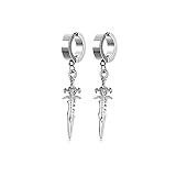 Unisex Gothic Punk Silver Stainless Steel Non Pierced Dagger Cross Sword Dangle Clip on Hoop Earring