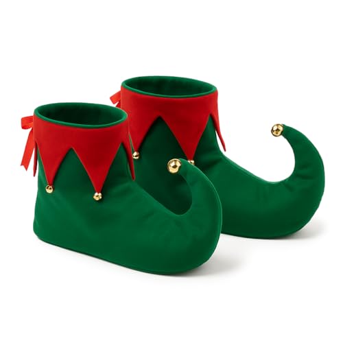 GA COMMUNICATIONS Adult Elf Shoes Christmas Costume Accessory Deluxe Red & Green Fancy Dress Boot Covers with Curled Toes & Jingle Bells Unisex One Size Fits Most for Santas Helper Party