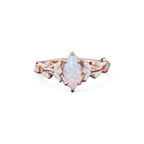Vintage Marquise Cut Fire Opal Engagement Ring Rose Gold Nature-Inspired Cluster Art Deco Leaf Design Promise Ring Unique Handcrafted Women's Jewelry Gift for Valentine Birthday Gift