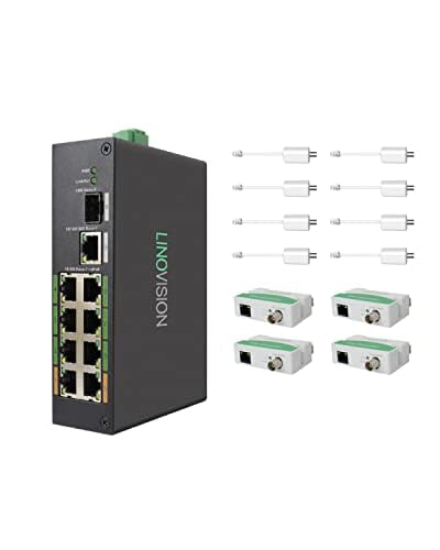 Image of LINOVISION Industrial 8-Port EOC & POE Switch with 4pcs EOC Transmitters, Long Reach PoE Over Coax or UTP Cable, Simplified Wiring, Upgrading Analog System to IP Surveillance System