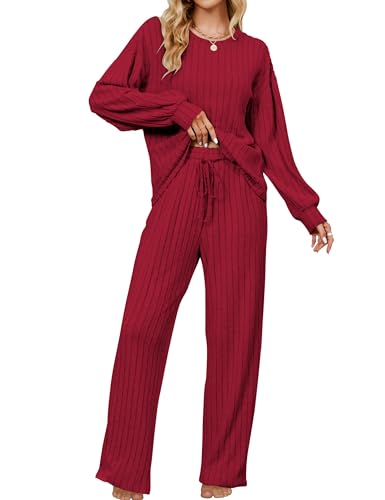 Image of Blooming Jelly Women Ribbed Long Sleeve Pajama Sets Fall Loungewear Pockets