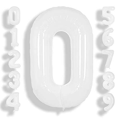 Image of SUWEN 40 Inch White Large 0 Balloon Number Big Foil Helium Number Balloons 0-9 Giant Jumbo Happy 0th Birthday Party Decorations for Men or Women Huge Mylar Anniversary Party Supplies