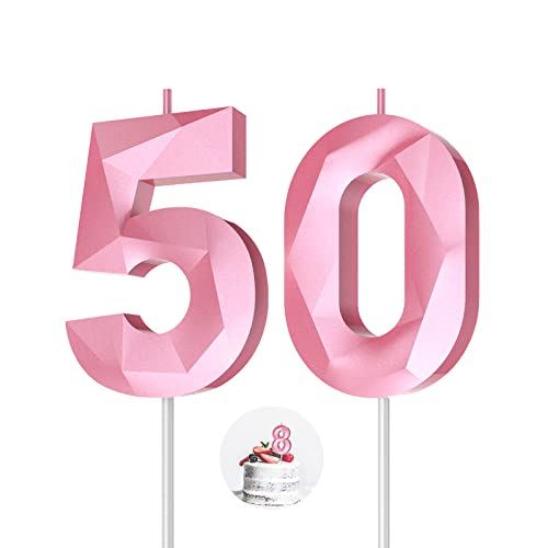 Number Birthday Candles(50 Candle Pink) 3D Diamond Shape 50th Happy Birthday Cake Topper Decorations for Women Men Birthday Wedding Anniversary Celebration Theme Party Supplies