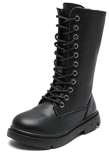 DADAWEN Boys Girls Leather Lace-Up Waterproof Side Zipper Mid Calf Combat Riding Winter Boots (Toddler/Little Kid/Big Kid)