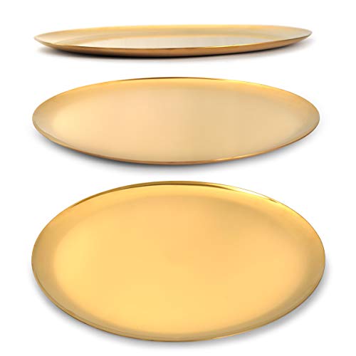 Chloefu LAN Stainless Steel Jewelry Organizer Trays Round Size 11”for Bathroom Tray Candle Holder Perfume Ring Tray Golden