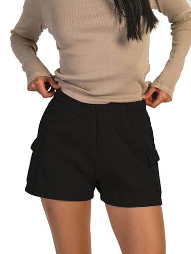 Hanyomo Femmes Fitness Confort Sweat Shorts Athlétique Cordon de Serrage Tissu éponge Coton Shorts Noir M