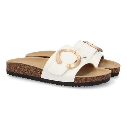 shoes&blues.es 93056 Sandalia Plana de Mujer, Comoda y Elegante, Diseno Moderno con Material Bio, Detalle metalico en la Pala, Ideales para Primavera Verano. Blanco Talla 39