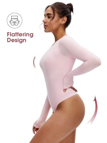 NANJI Long Sleeve Bodysuit for Women - Slim Fit Crew Neck Thong Body Suit, Stretch Double Lined Snap Tops, Casual Going Out4
