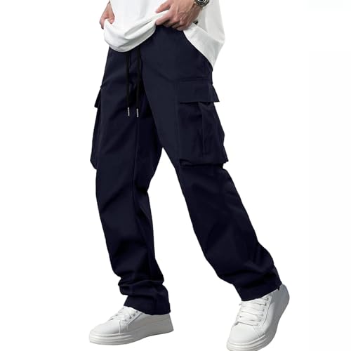 Lightweight Cargo Pants Men Casual Straight Leg Drawstring Elastic Waist Hiking Work Pant Loose Trousers with Pockets