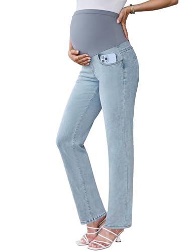 Poshglam C-MB110-LBU-M Women'S Maternity Jeans Straight Leg Slim Relaxed Jeans Comfy Stretch Denim Pants cover