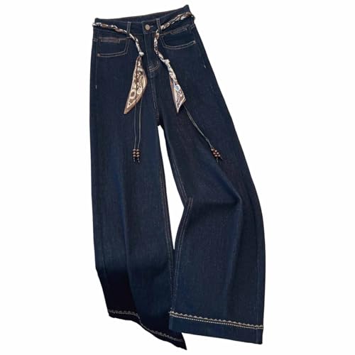 Autumn Denim Blue Wide Leg Women's Jeans Pants with Silk Scarf Belt Straight Trousers...