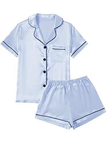 LYANER Conjunto de pijama de satén para mujer, manga corta, con botones, ropa de dormir sedosa con pantalones cortos, Azul bebé, XXXL