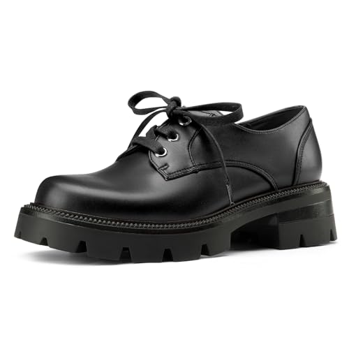 Image of NobleOnly Platform Loafers for Women Lace-up Chunky Low Block Heel Loafers Close Round Toe Casual Office Pumps 1.4 Inches Heels