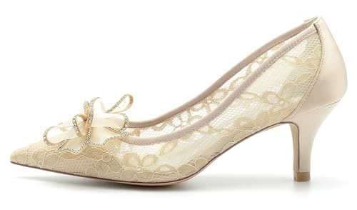Minishion Womens Slip on Wedding Shoes Lace Pointed Toe Evening Formal Pumps with Bows BR0472