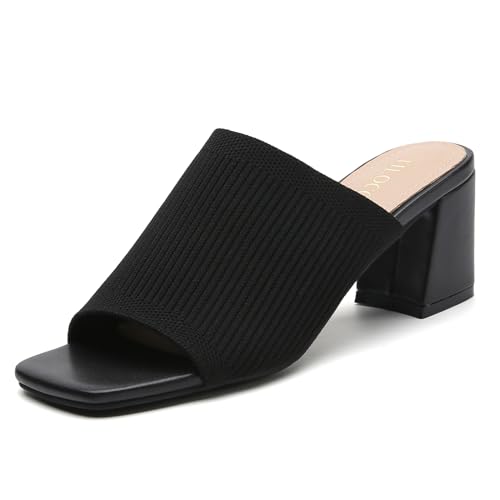 Tilocow Knit Heeled Sandals for Women, Square Open Toe Heels Sandals, Chunky Block Low Heel Slip On Mules