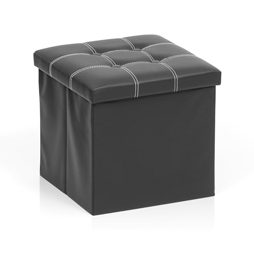 Livzing Foldable Ottoman with Lid - Multi-Functional Collapsible Footrest Stool Storage Box - Flip-Top Faux Leather Cube for Living Room - Black
