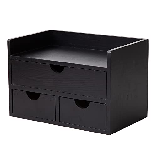 Vergoodr Rustic Distressed White 3-Tier Wood Desk Organizer With 3 Drawers Mini Desk Storage Shelf For Desk, Toiletries Vanity Office Supplies (Black) #TOP3