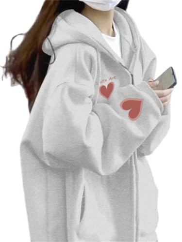 Womens Cute Zip Up Hoodies Sweatshirt Fashion Teen Girls Long Sleeve Heart Grapic Winter Pullover Jacket Plus Size
