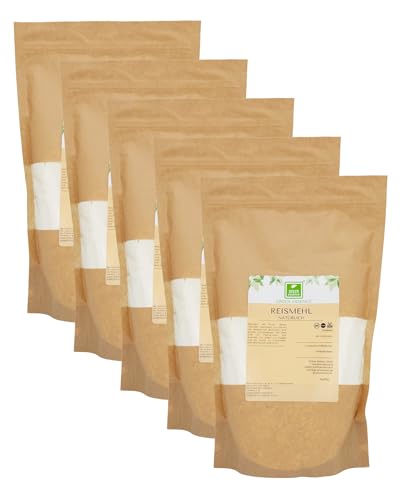 Fein Gemahlenes Reismehl 5x1Kg von der Grüne Essenz Reismehl aus Weißreis ideal für und Reispudding für Omeletten und Pfannkuchen aus Reis Fein Naturbelassen Reispulver (5 Kg)
