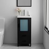 wonline 16' Bathroom Vanity Set, Single Small Bathroom Cabinet with Ceramic Sink, Modern Black Cabinet Vanity with Faucet & Pop Up Drain