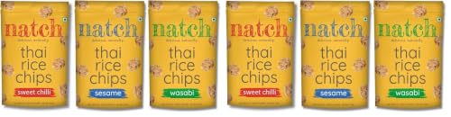 Image of Natch Thai Rice Chips Variety Pack, Healthy Snakcs 100% All Natural, Vegan, Gluten Free, Preservatives Free, Low Calorie, Sesame, Wasabi & Sweet Chilli Flavour, 100g each (Pack of 6)