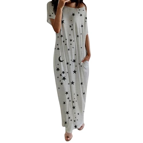 Vestido largo casual de manga corta con estampado de luna y estrella para mujer, con bolsillos y un hombro descubierto, gris, 4XL