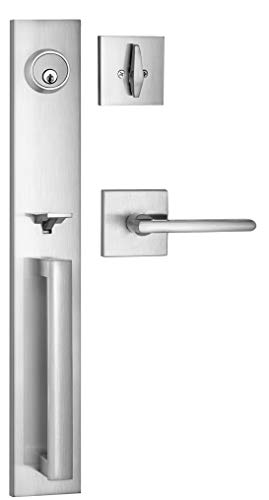 Berlin Modisch Full Escutcheon HandleSet Front Door Entry Handle and Deadbolt Lock Set Slim Square Single Cylinder Deadbolt and Lever Heavy Duty – Satin Nickel Finish