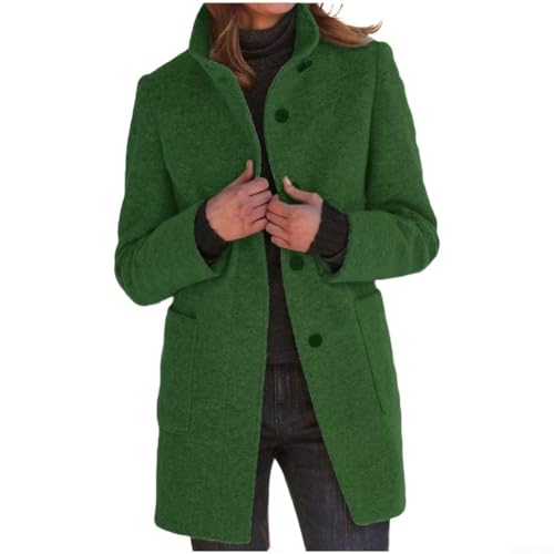 Elegante abrigo retro para mujer para invierno con mangas largas, parte delantera de botonadura simple y cuello alto, equipado con prácticos bolsillos (2XL verde)