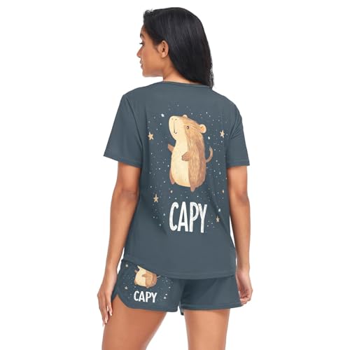 Pyjama capybara contre la chaleur nocturne, ensemble short bleu nuit taille S
