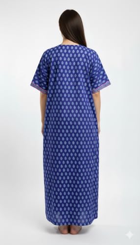 Image of Evolove Cotton Nighty Maxi for Women with Side Pocket | Floral Print Round Neck Short Sleeves Full Length Night Wear Gown
