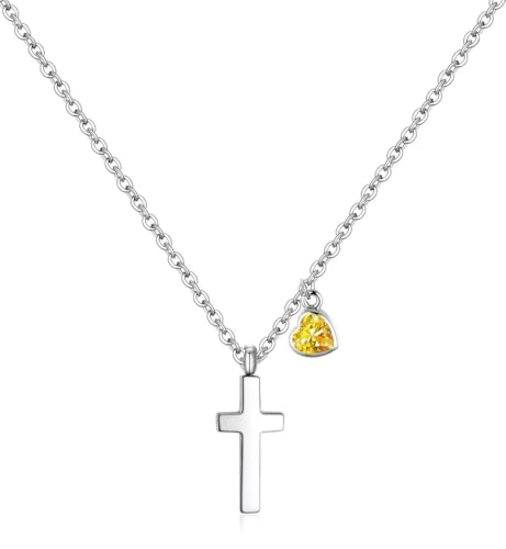 Croix pour filles avec coeur initial et pierre de naissance en acier