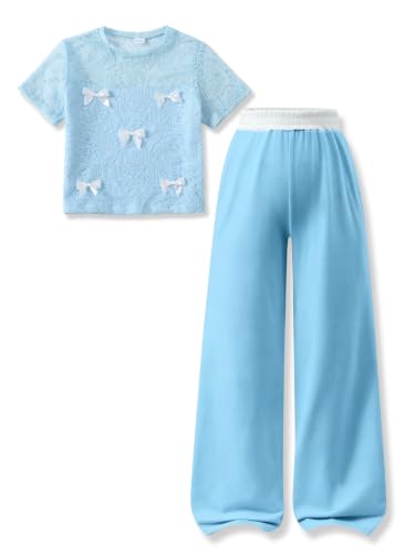 Image of Girls Clothes 2 Piece Short Sleeve Lace Bow Print Tops Flared Pants Set Little Girl Outfits Size 7-14