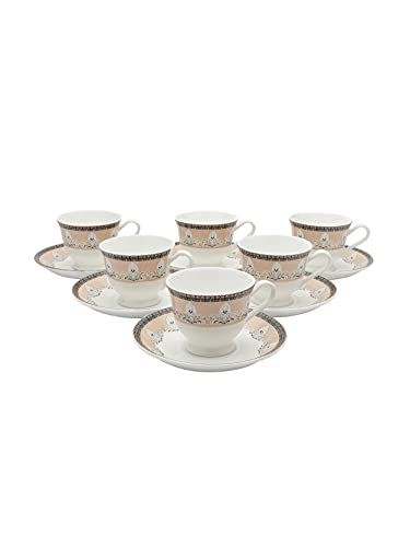 Image of Clay Craft Fine Ceramic Cup and Saucer Set of 12 (6 Tea Cups + 6 Saucers) Can Be Used for Birthdays, Anniversaries, Parties, Mother, Father, Sister, Beige Brown, Medium (CC-CS12-NEWGEORGIAN-S399)
