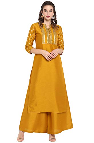 Janasya Indian Women's Mustard Silk Festive Kurta Set for Women2