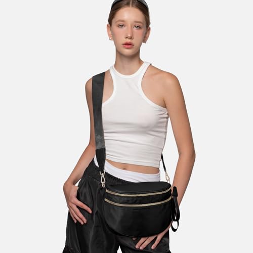 Pure Colour Bum Bags for Women Crossbody Spacious Nylon Crossbody Bag Fanny Packs Slouchy Oversized Purse Belt Bag (BLACK)2