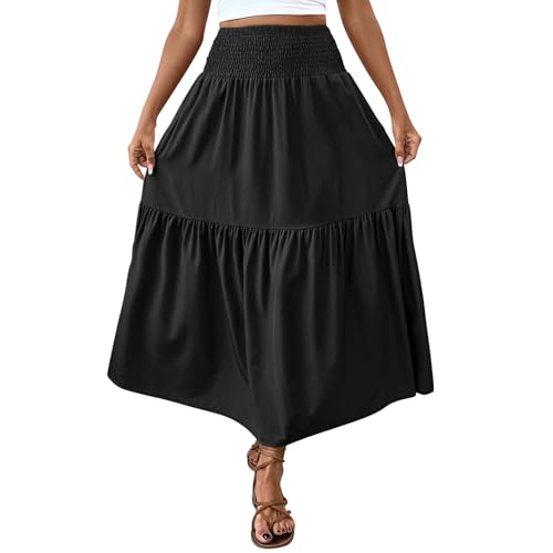 Women’s Tiered Long Skirt Dress Summer Elastic High Waist Pleated A-Line Maxi Skirts Boho Flowy Swing Beach Skirt Black