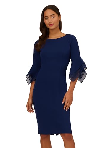 Image of Adrianna Papell Stretch Knit Crepe Sheath Dress with Tiered Organza Bell Sleeve