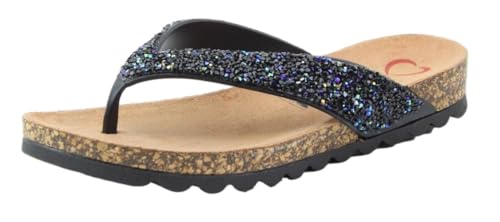 Image of Heavenly Feet Crocus Sparkly Glitter Flip Flop Sandals Vegan Cork Footbed Comfort Slider (Black, UK Footwear Size System, Adult, Women, Numeric, Medium, 6)