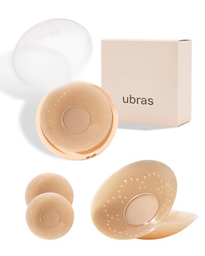 Ubras Nipple Covers Reusable Breathable Invisible Sticky Bra Silicone Adhesive Pasties with Travel Case for Active Women & Sensitive Nipple Caramel Medium (Fits D+ Cups)