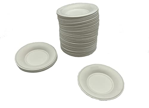 MAQA 50 uds Plato de aperitivo redondo desechable D 7,2 cm, bandeja redonda pequeña para bocadillos porciones individuales, plato llano en pulpa de celulosa